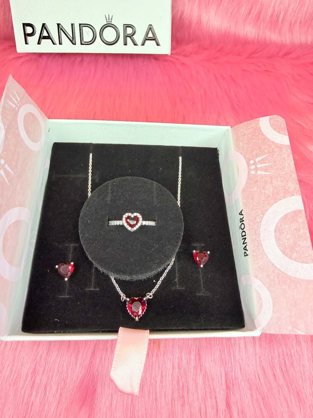 Pandora Silver Necklace, Ring & Earrings Set with Red Heart Stones